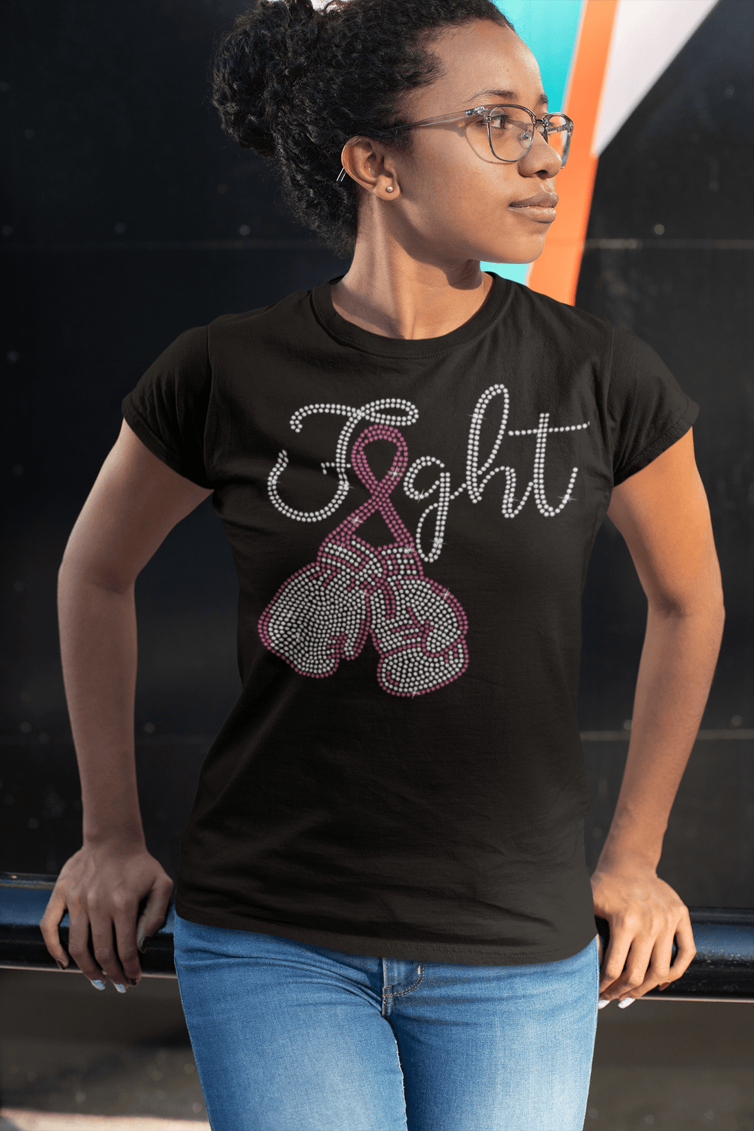 Fight Breast Cancer Rhinestone T-Shirt-T-Shirt-Get Me Bedazzled