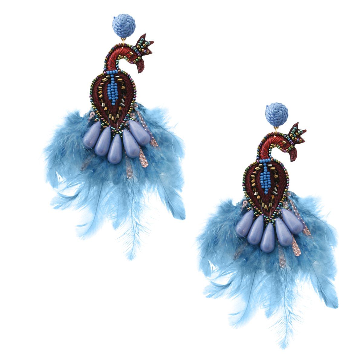 Peacock Bead and Feather Earrings