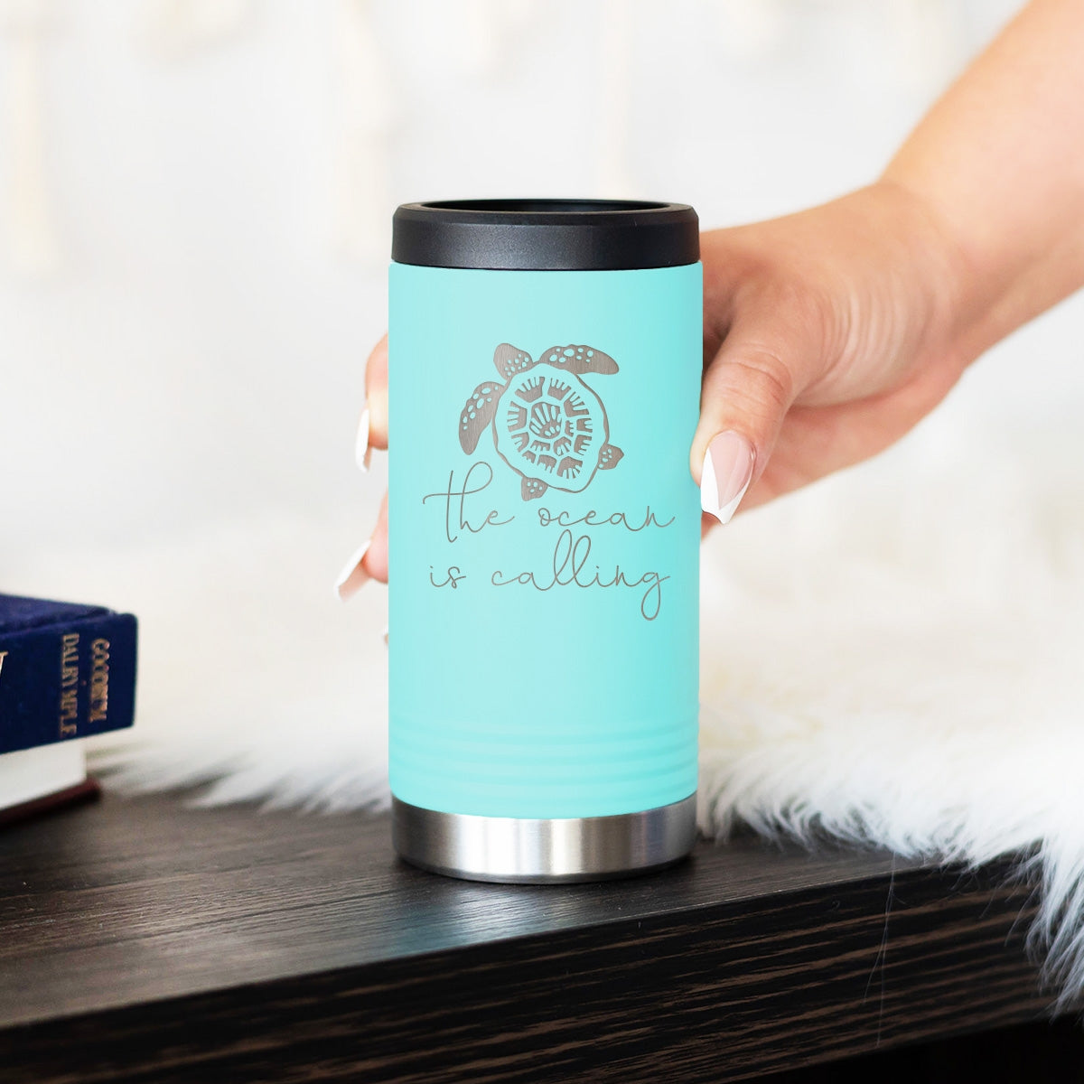 The Ocean is Calling Teal Slim Can Beverage Holder