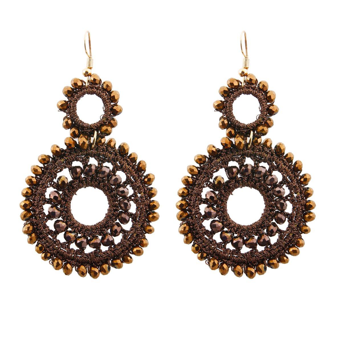 Brown Bead and Brown Thread Wrapped Round Drop Earrings