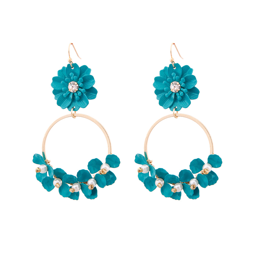 Aqua Flower and Gold Drop Hoop Earrings