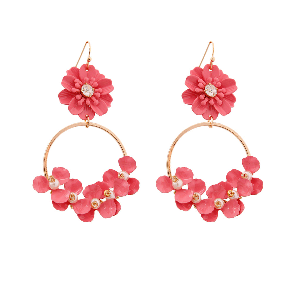 Pink Flower and Gold Drop Hoop Earrings