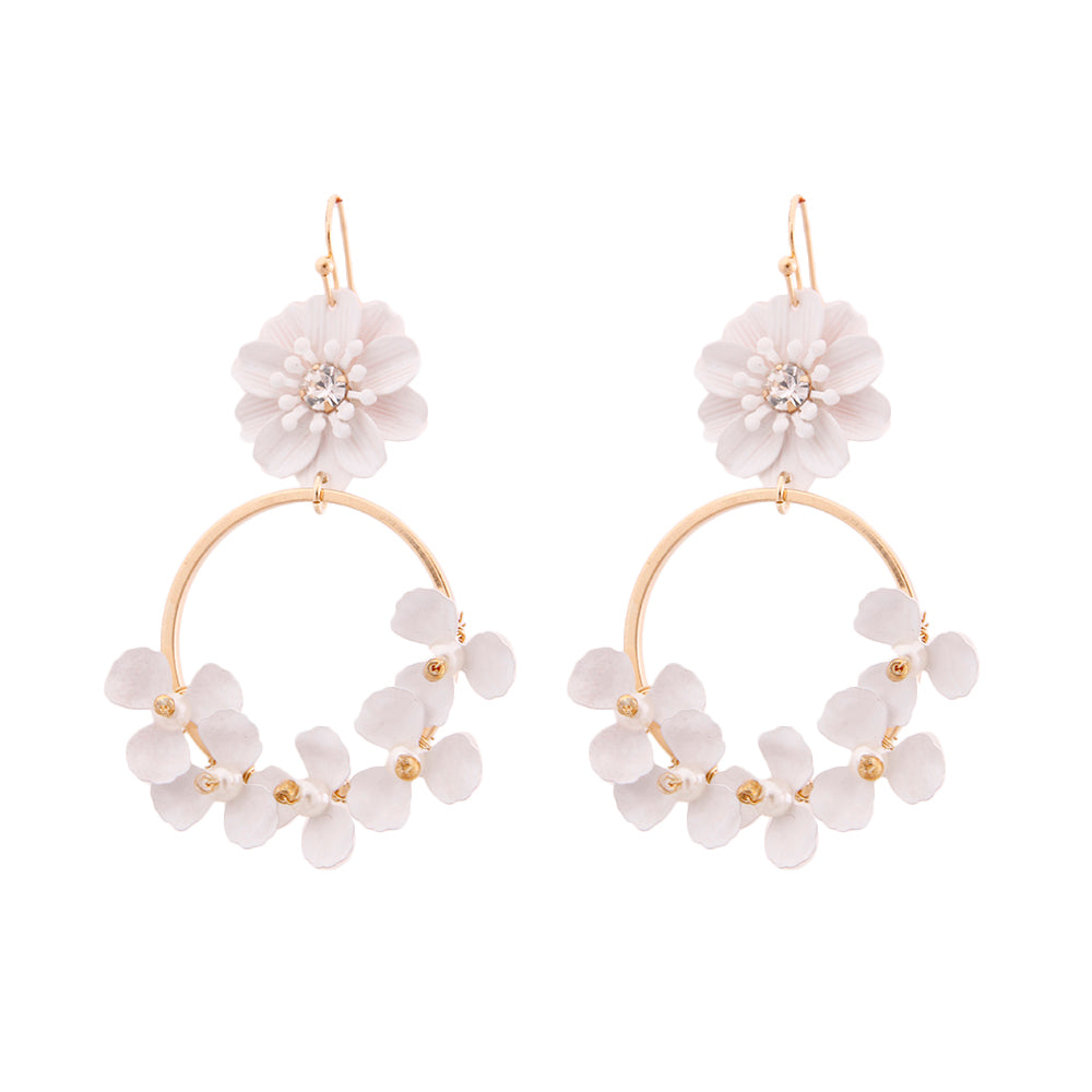 White Flower and Gold Drop Hoop Earrings