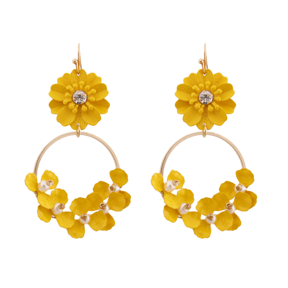 Yellow Flower and Gold Drop Hoop Earrings