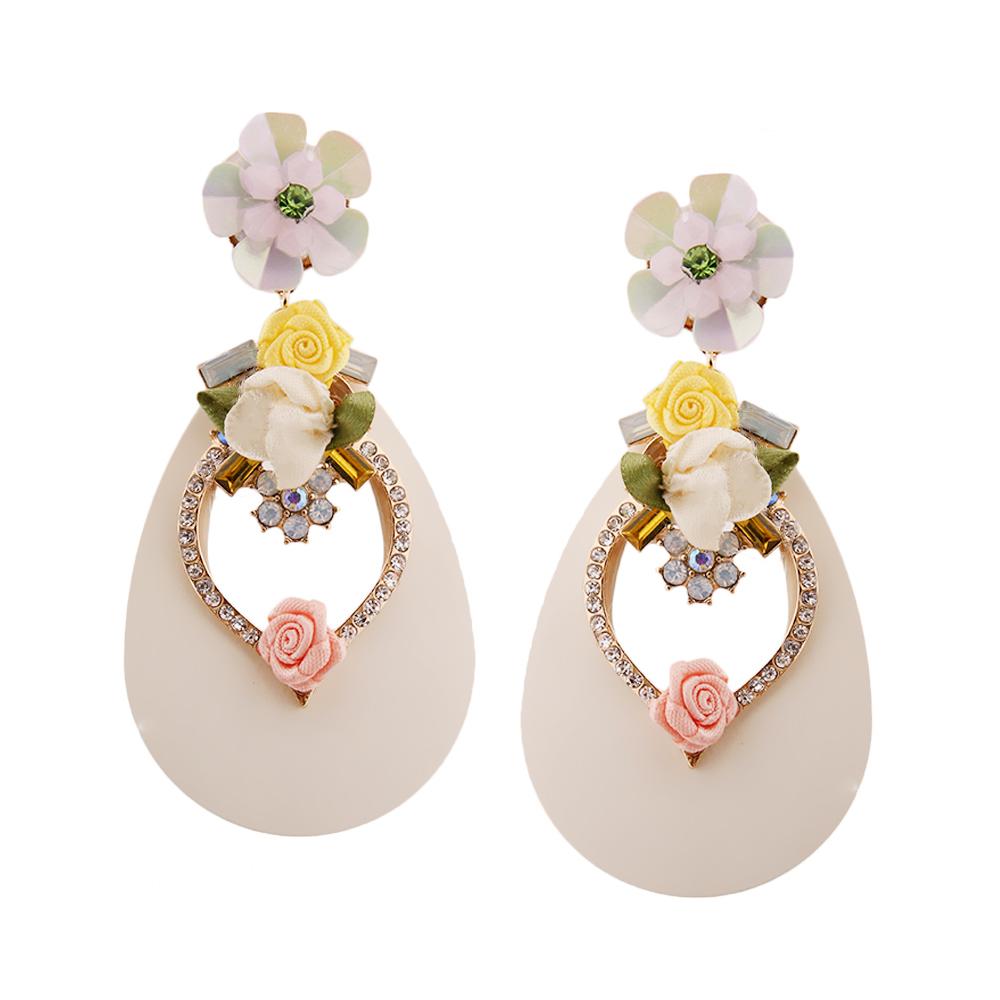 Cream Teardrop Earrings with Rhinestone and Flower Detail