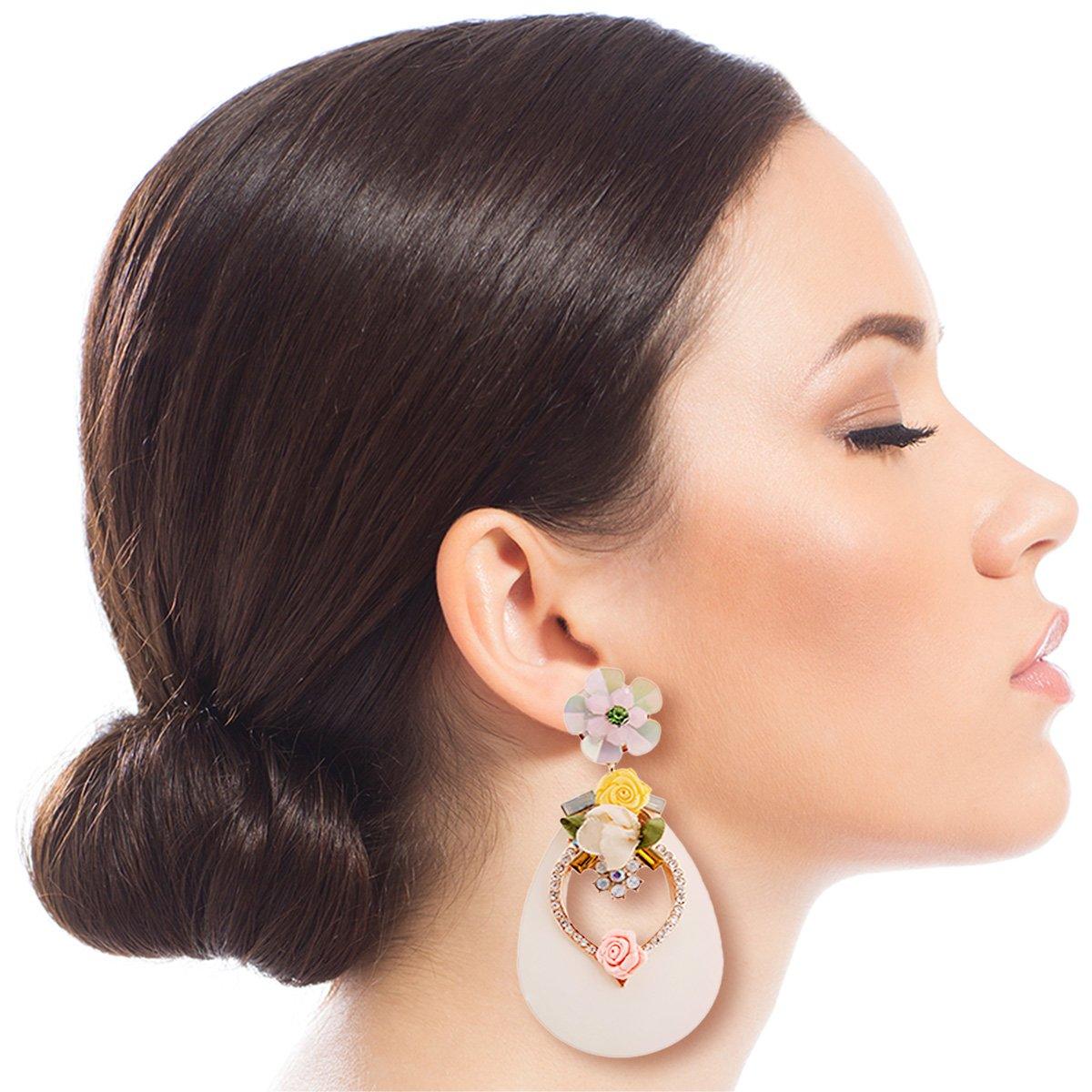 Cream Teardrop Earrings with Rhinestone and Flower Detail