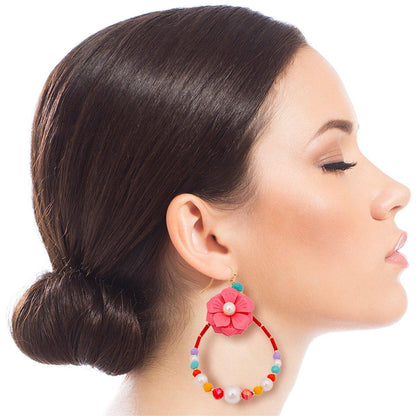 Multi Color Flower Teardrop Earrings with Pearl and Bead Detail