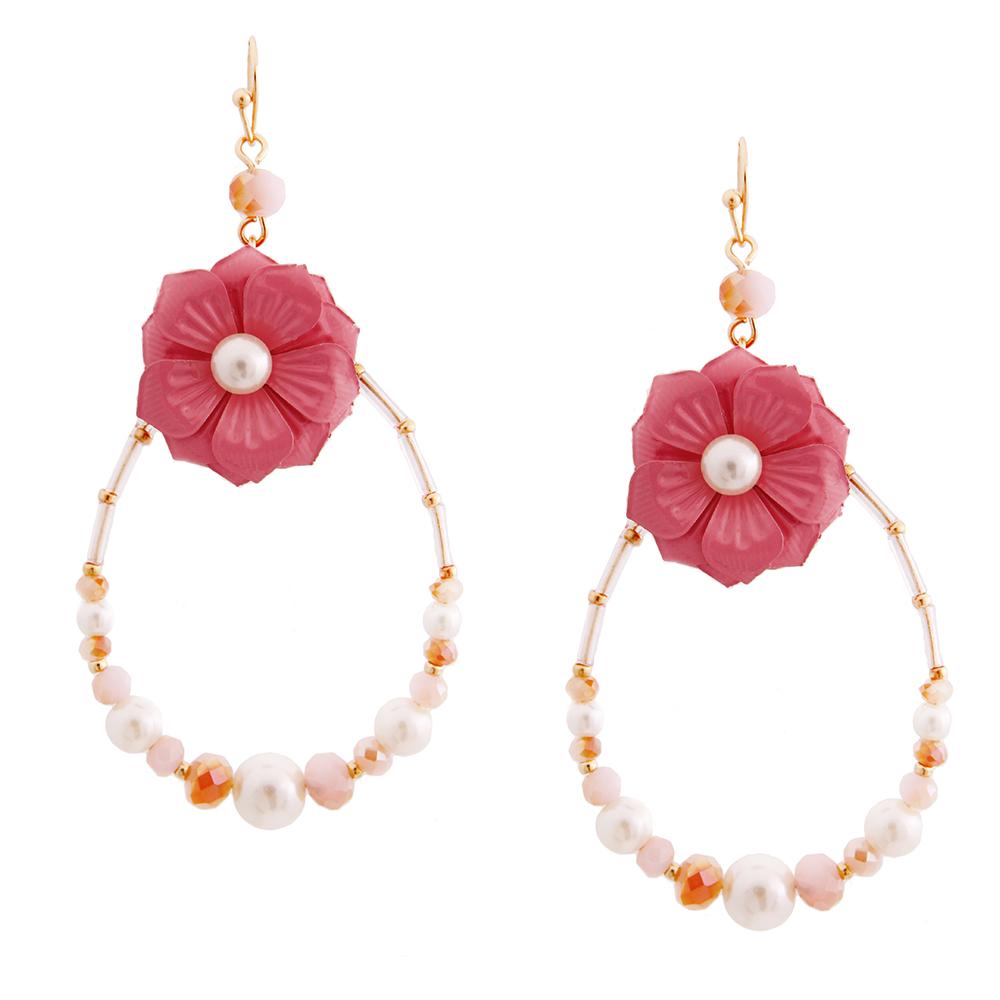 Pink Flower Teardrop Earrings with Pearl and Bead Detail