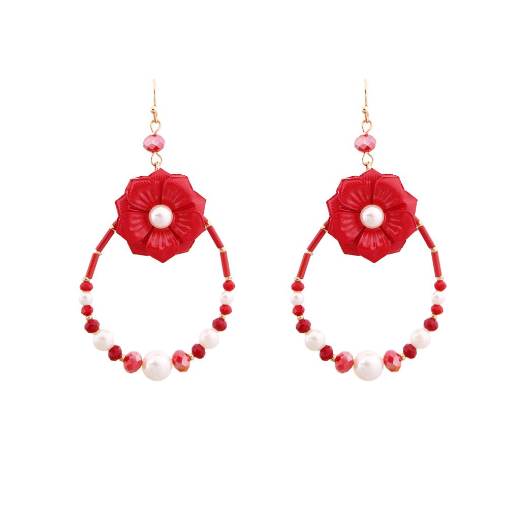 Red Flower Teardrop Earrings with Pearl and Bead Detail