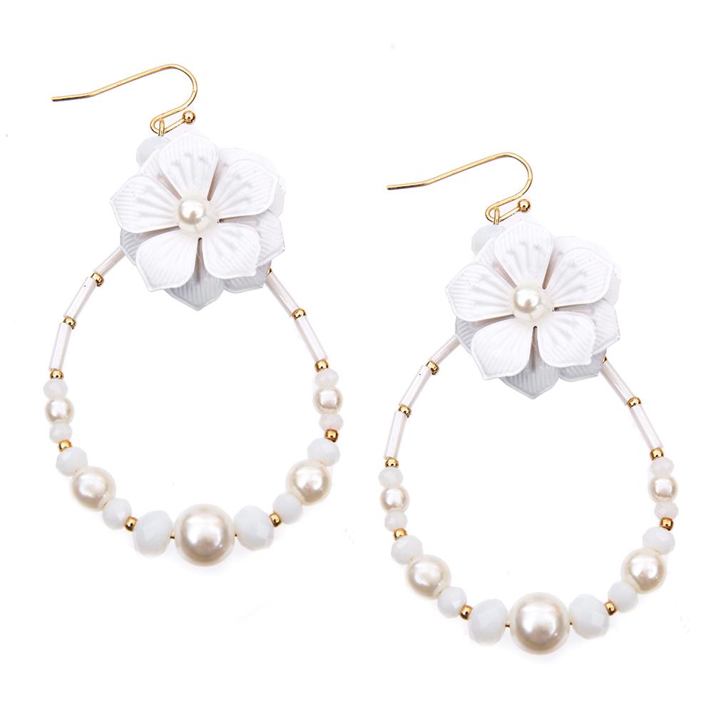 White Flower Teardrop Earrings with Pearl and Bead Detail