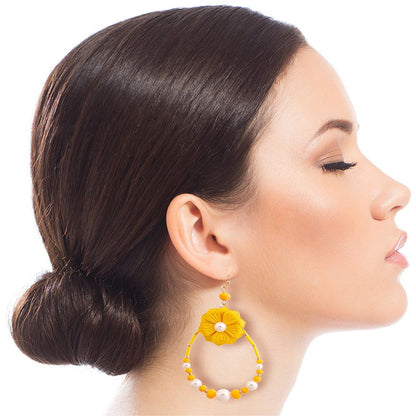 Yellow Flower Teardrop Earrings with Pearl and Bead Detail