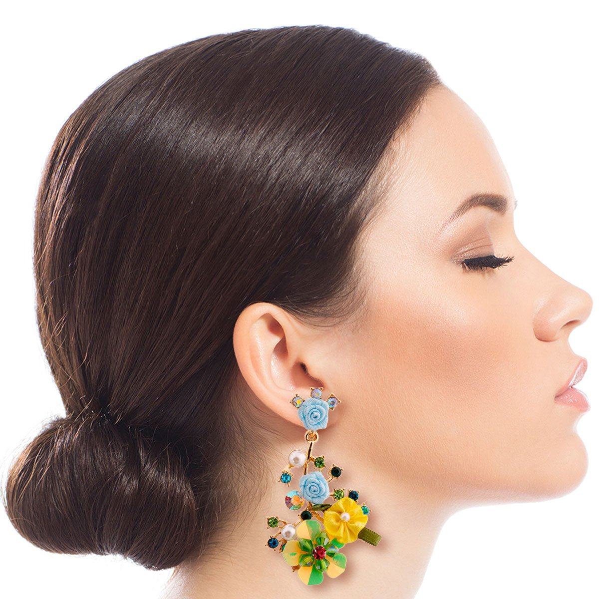 Aqua Flower and Rhinestone Drop Earrings
