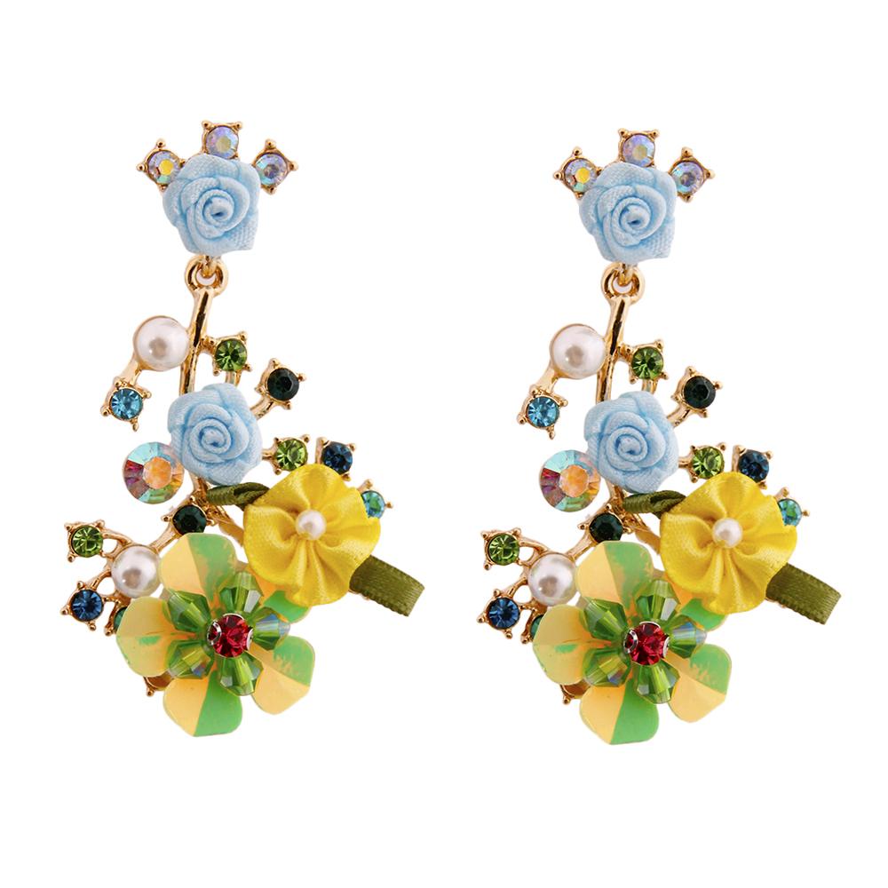 Aqua Flower and Rhinestone Drop Earrings
