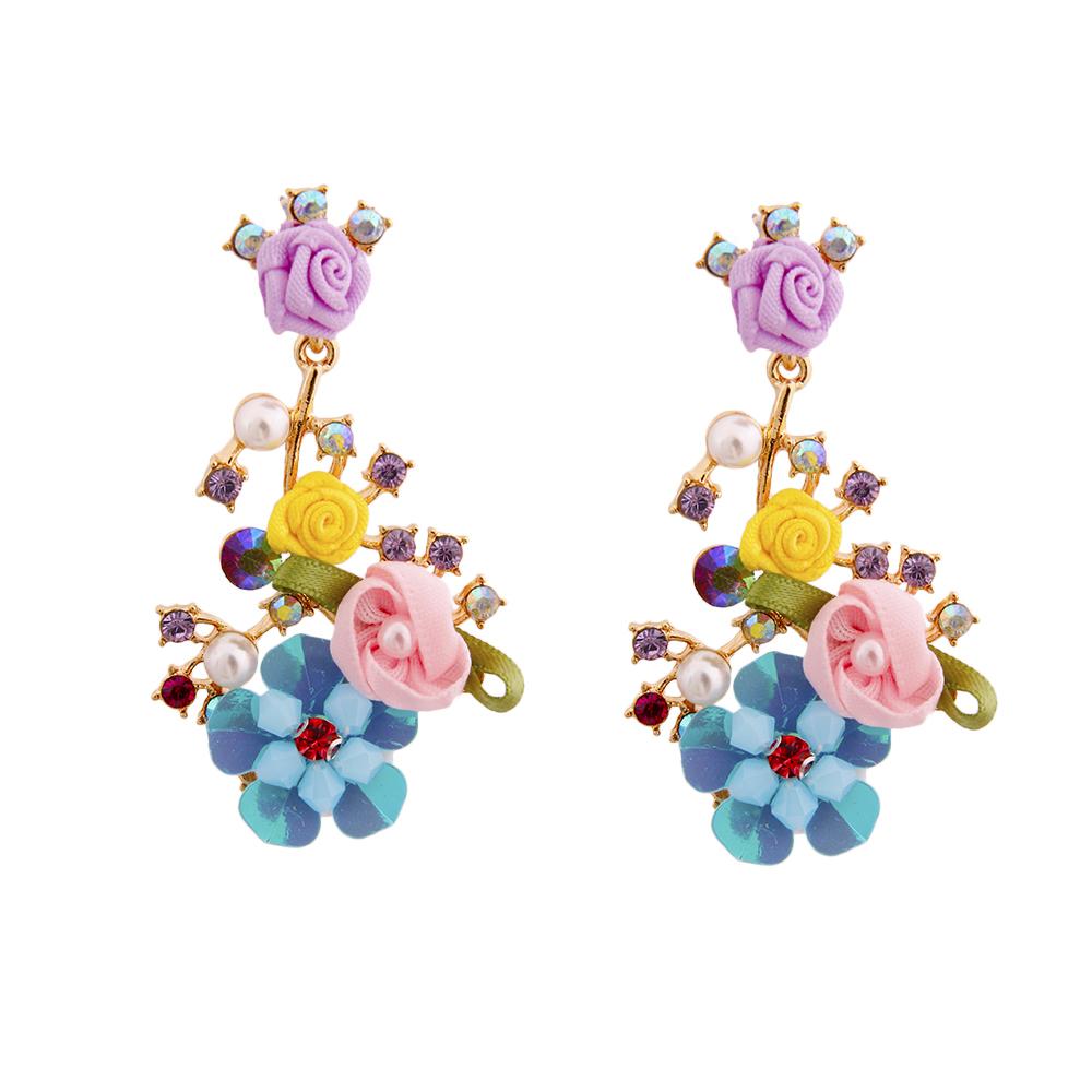 Purple Flower and Rhinestone Drop Earrings