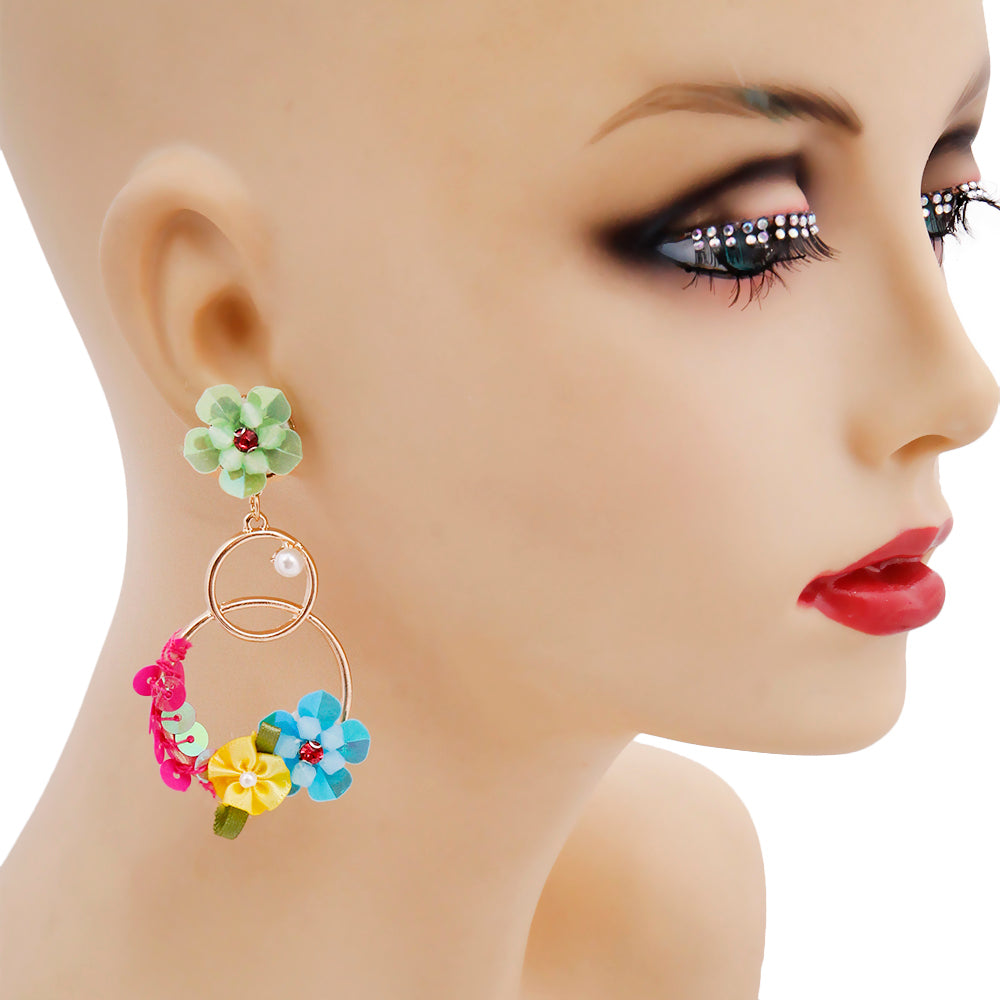 Multi Color Flower Double Drop Hoop Earrings