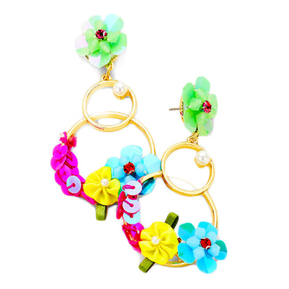 Multi Color Flower Double Drop Hoop Earrings