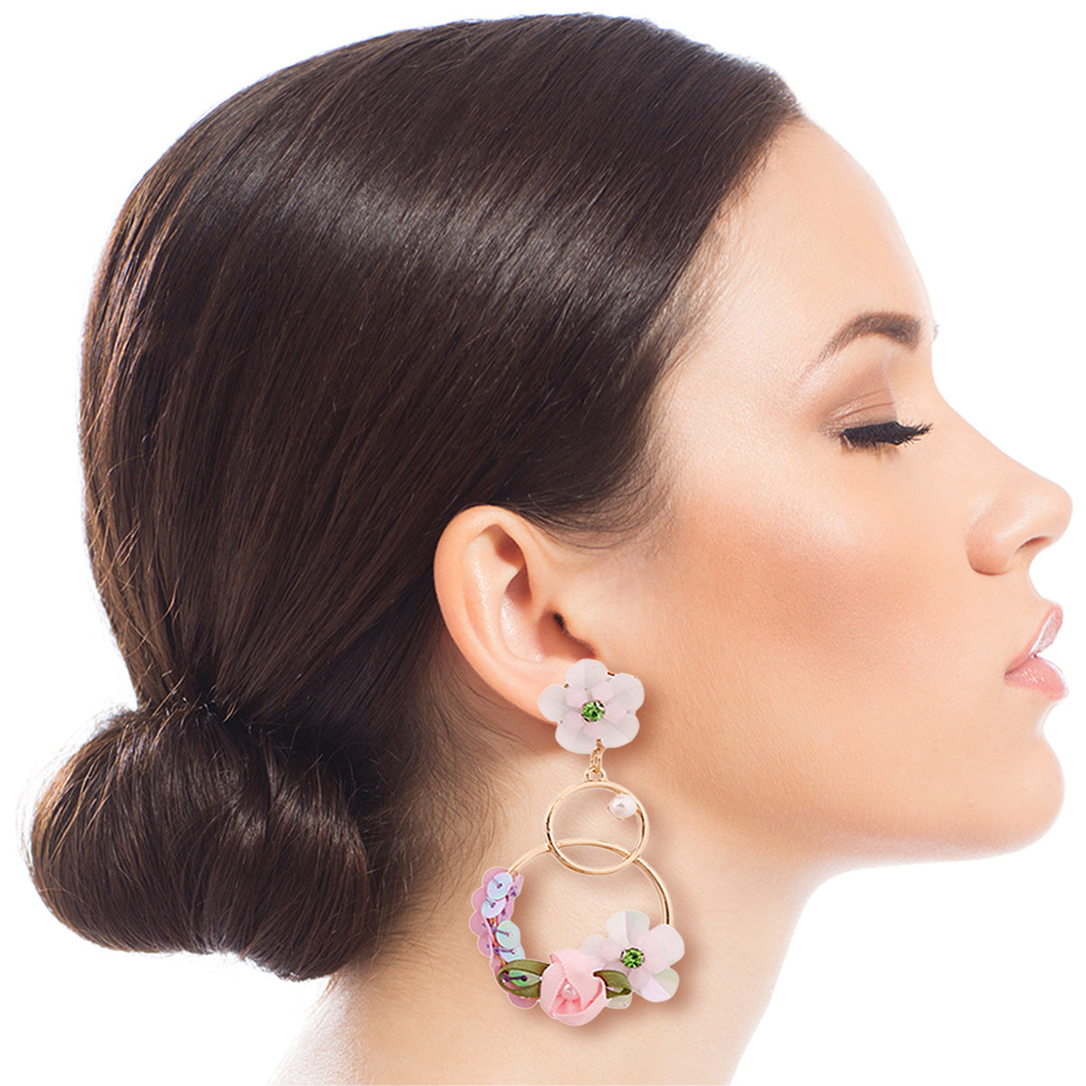 White Flower Double Drop Hoop Earrings