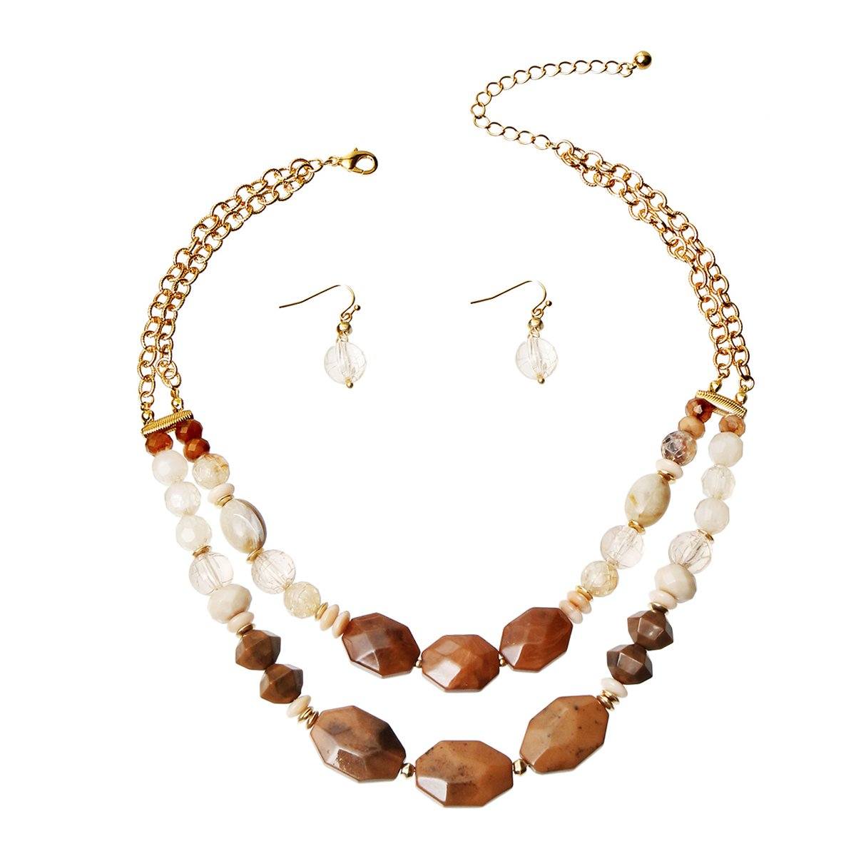 Brown Marble and Stone Bead Layered Necklace Set