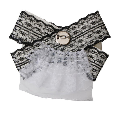 Black and White Lace Bow Tie with Pearl and Rhinestone Brooch