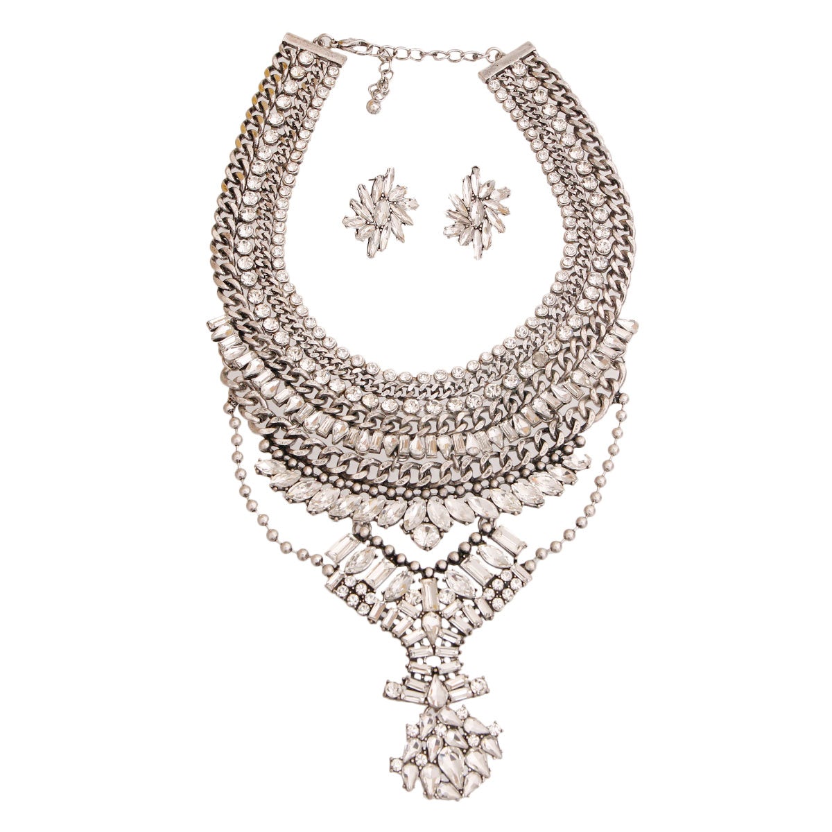 Burnished Silver Crystal Bib Necklace