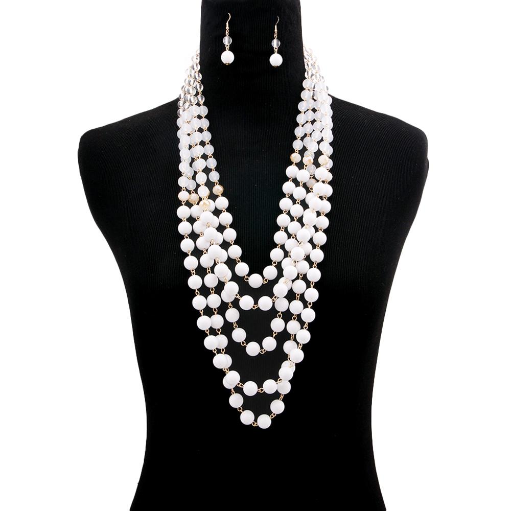 Ombre White Bead Multi Strand Layered Necklace Set