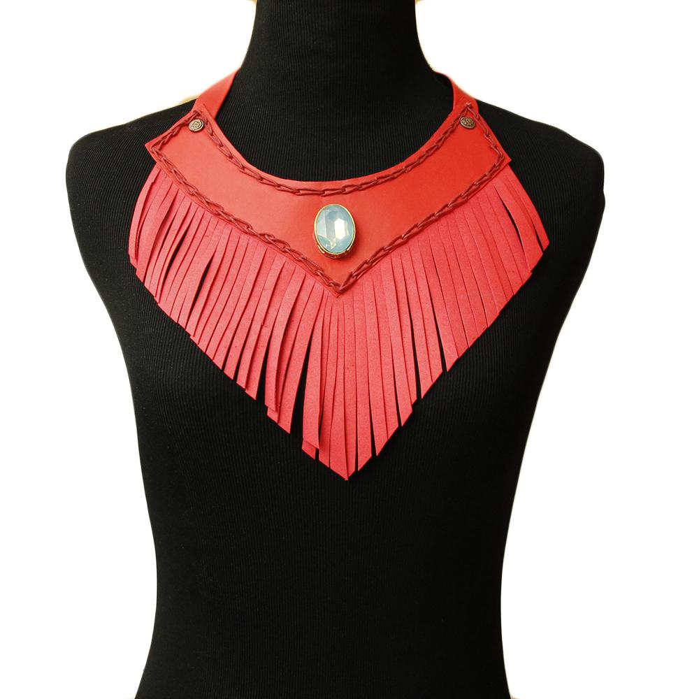 Red Leather Fringe Choker Necklace