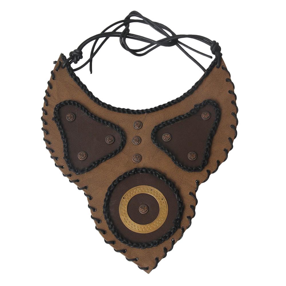 Brown Leather Bib Necklace with Stitching and Gold Detail