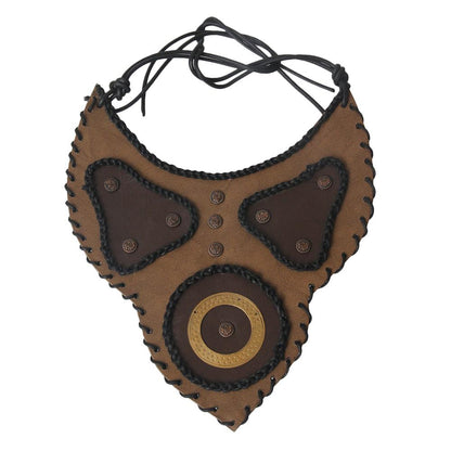 Brown Leather Bib Necklace with Stitching and Gold Detail