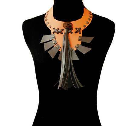 Coral Leather Rose and Tassel Choker Necklace