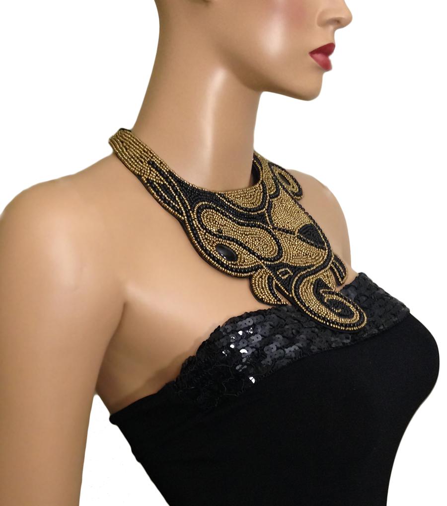 Leather Backed Black and Gold Bead Swirl Bib Necklace