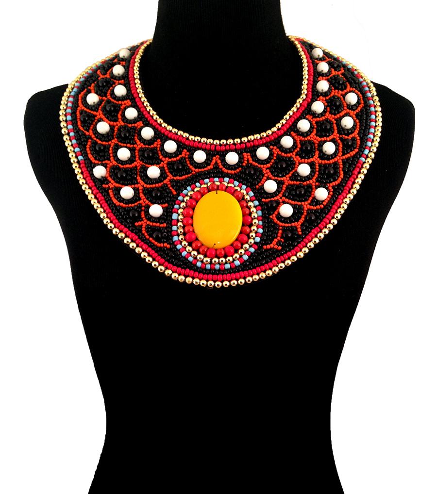 Multi Color with Black and White Bead Embroidered Bib Necklace Set
