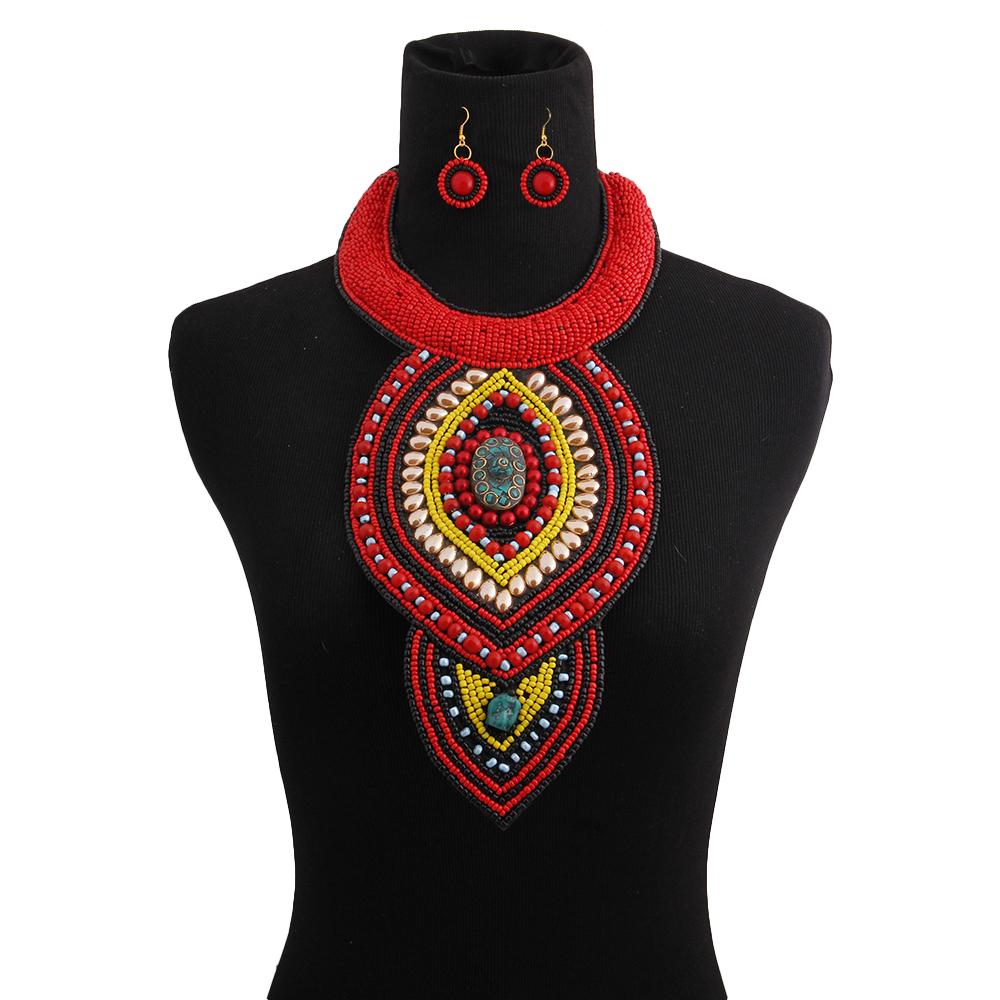 Black and Red Beaded Bib Necklace Set