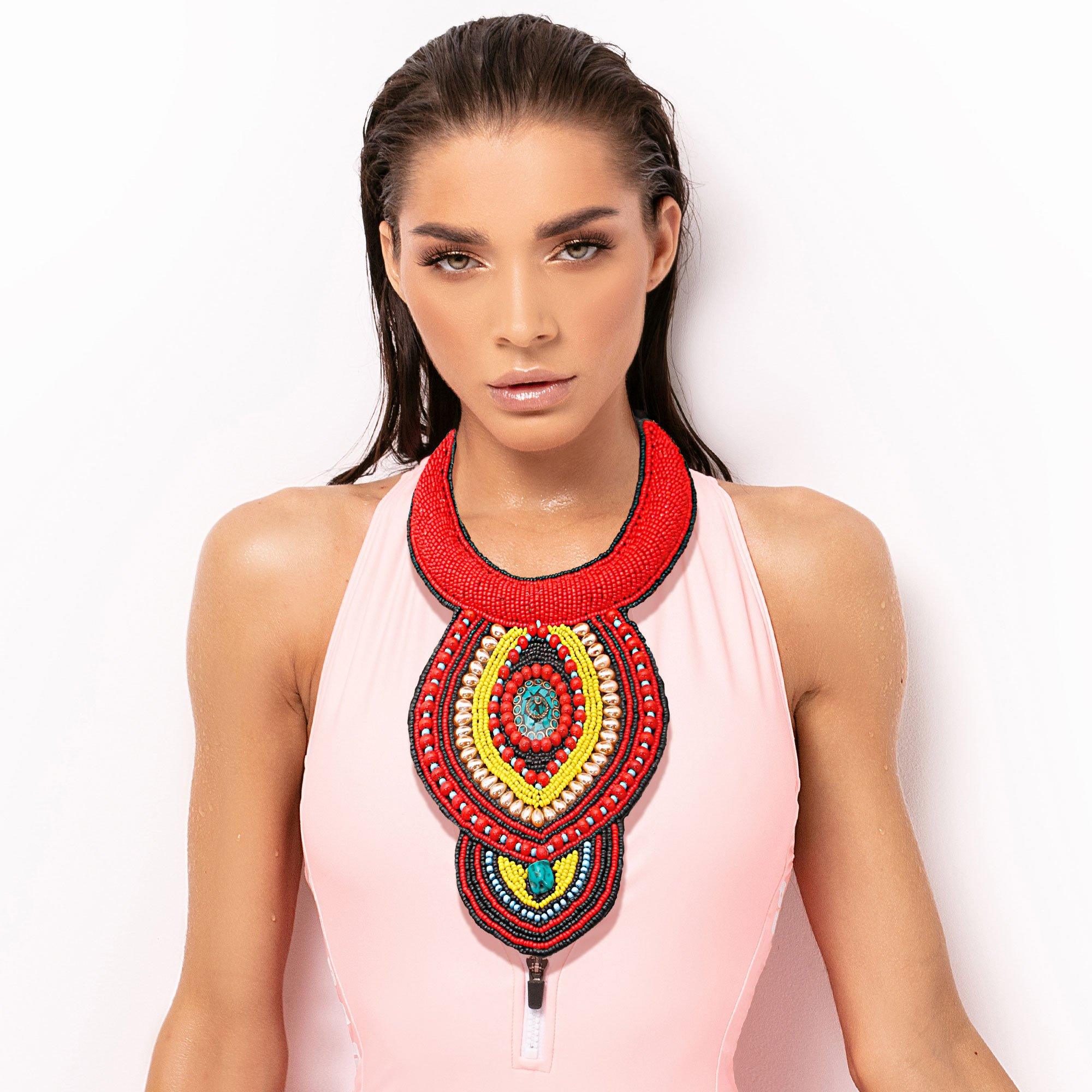 Black and Red Beaded Bib Necklace Set