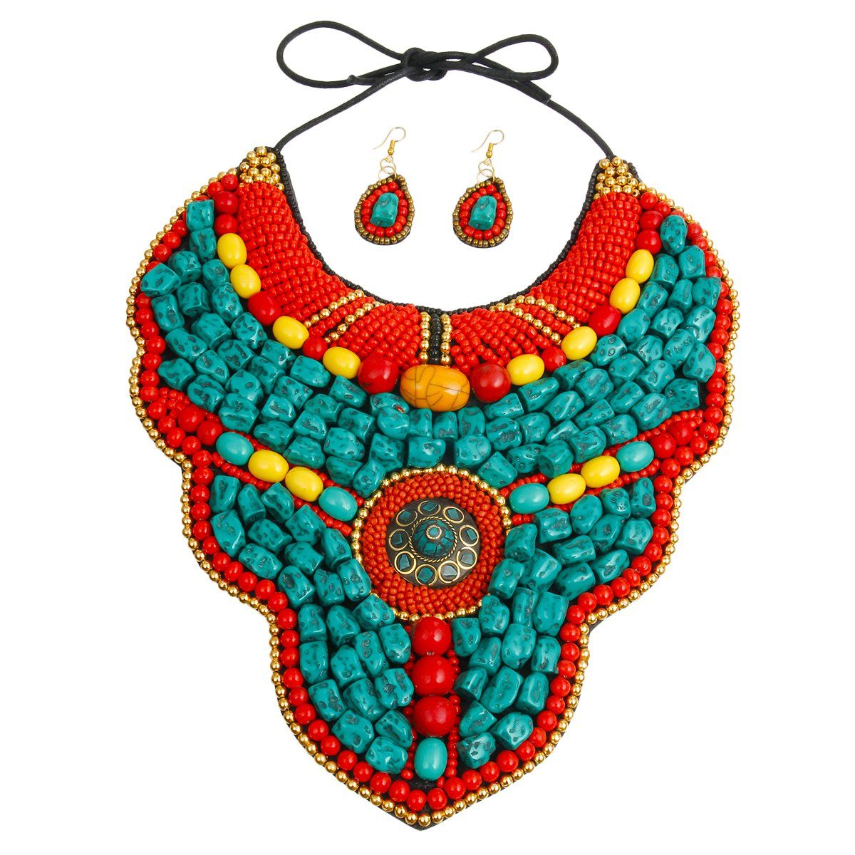 Turquoise and Multi Color Stone Bead Raised Collar Bib Necklace Set
