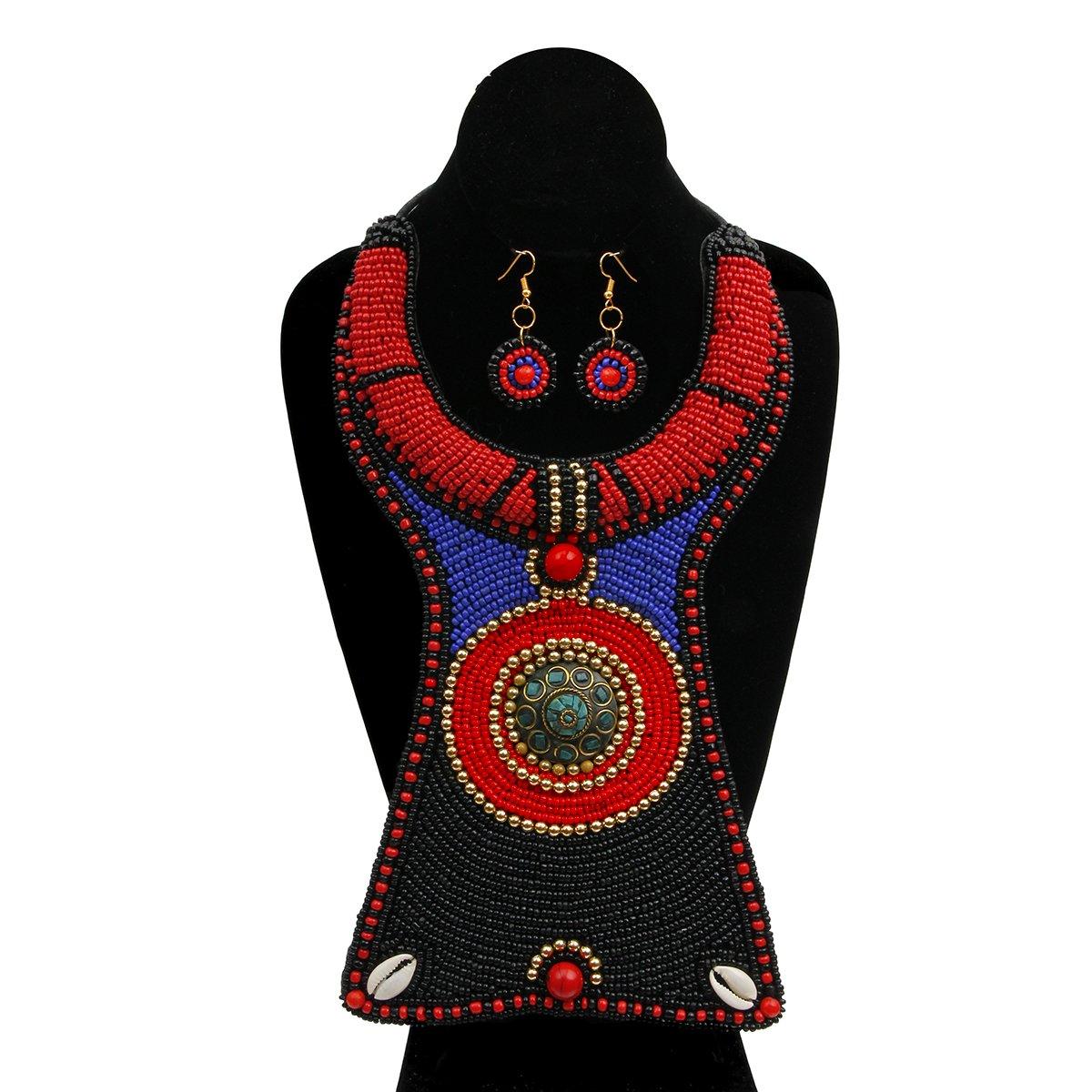 Black Blue and Red Bead Raised Collar Long Bib Necklace Set with Cowrie Shell