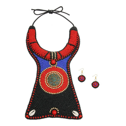 Black Blue and Red Bead Raised Collar Long Bib Necklace Set with Cowrie Shell