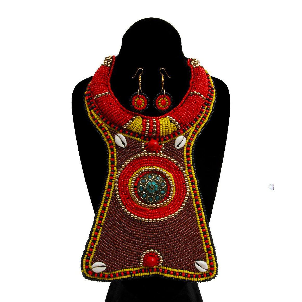 Brown Yellow and Red Bead Collar Long Bib Necklace Set with Cowrie Shell Detail