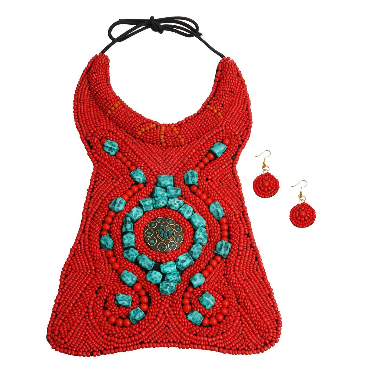 Red and Turquoise Bead Raised Collar Long Bib Necklace Set