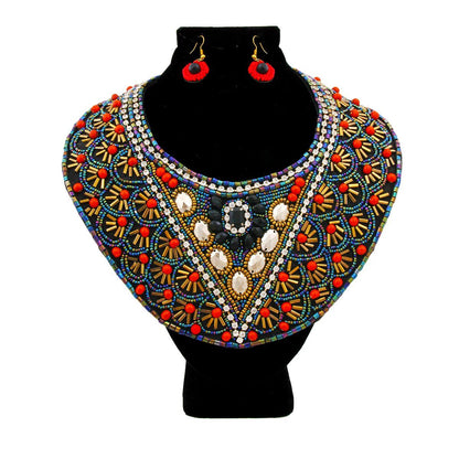Multi Color Bead Bib Necklace Set with Rhinestone Detail