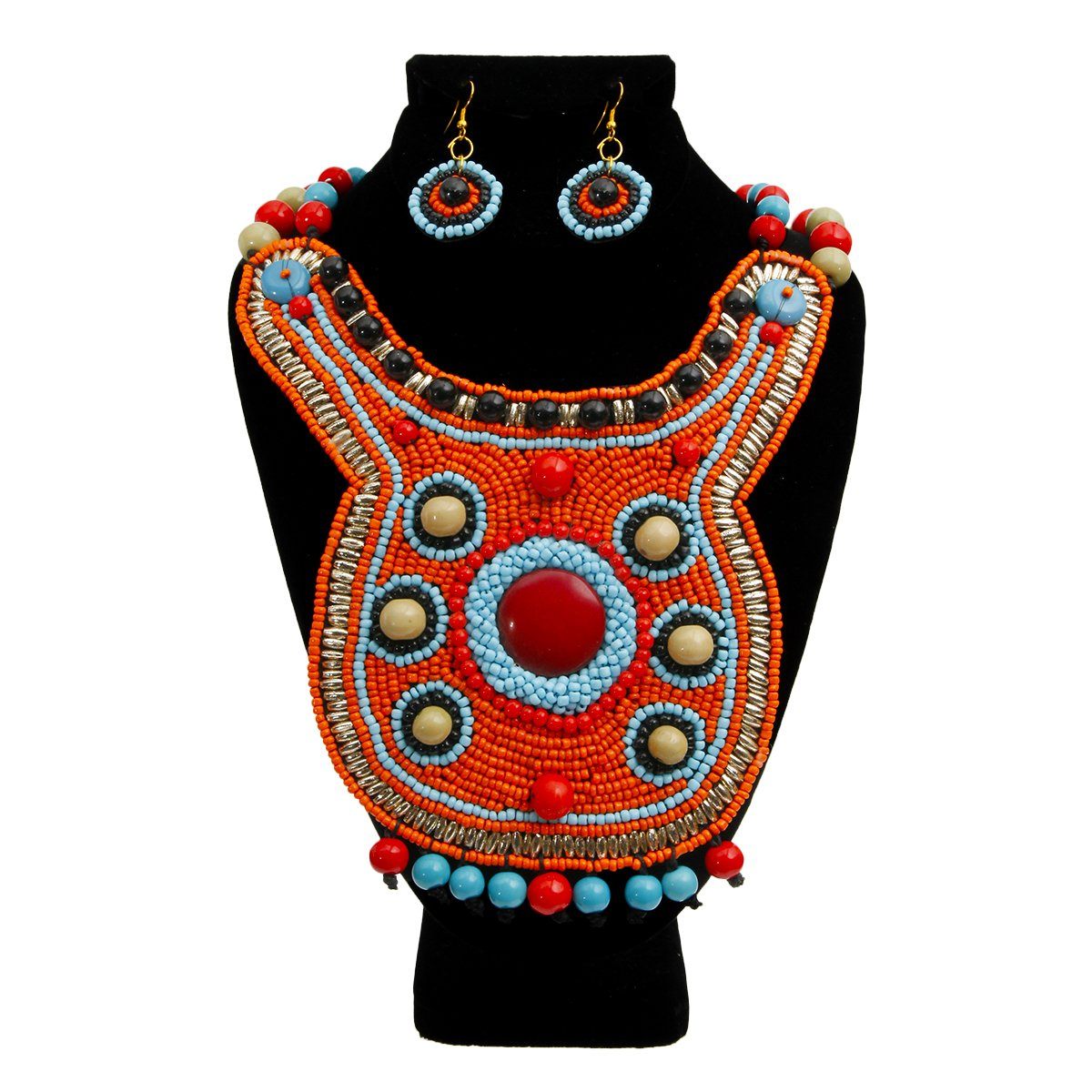 Orange Bead Bib Necklace Set with Blue Red and Green Bead Collar and Detail