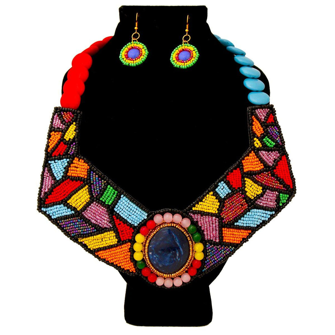 Rainbow Beaded Collar Bib Necklace Set Featuring Beaded Neckline