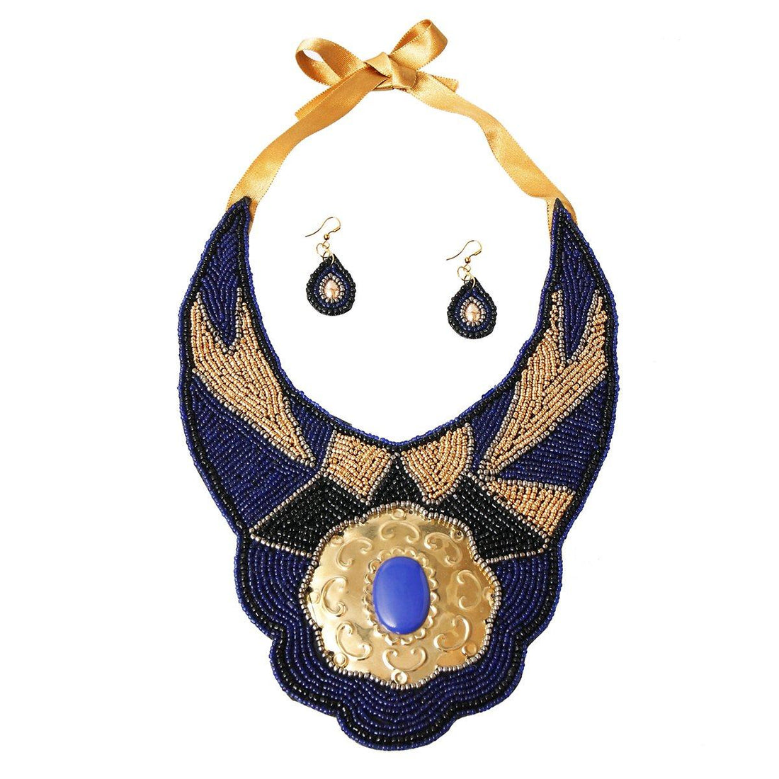 Blue and Gold Beaded Bib Necklace Set Featuring Stamped Metal Plate Design