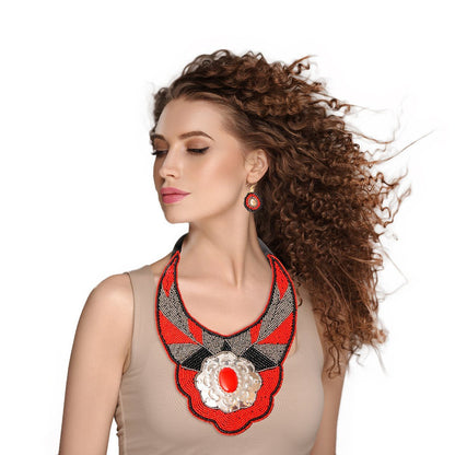 Red and Silver Beaded Bib Necklace Set Featuring Stamped Metal Plate Design