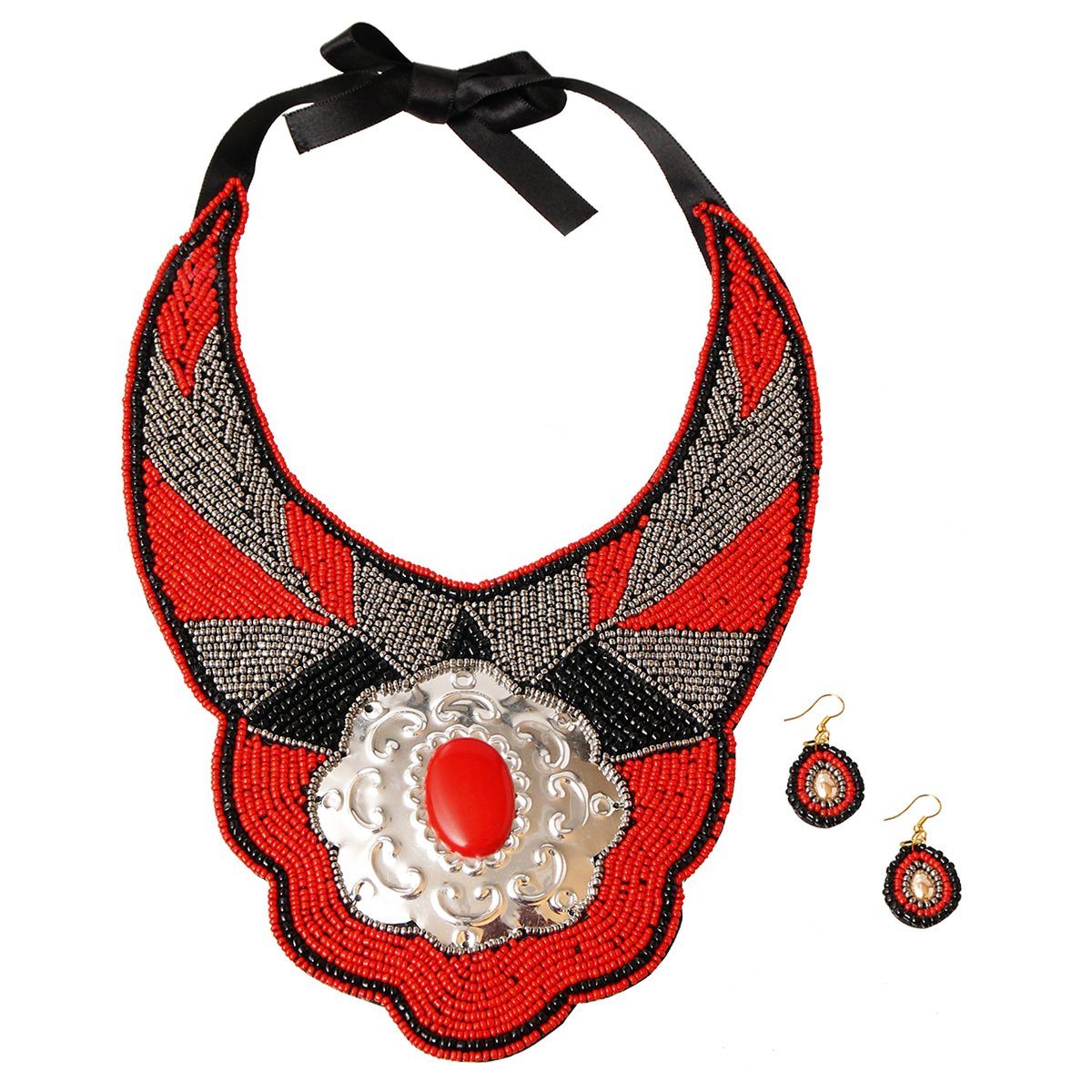 Red and Silver Beaded Bib Necklace Set Featuring Stamped Metal Plate Design