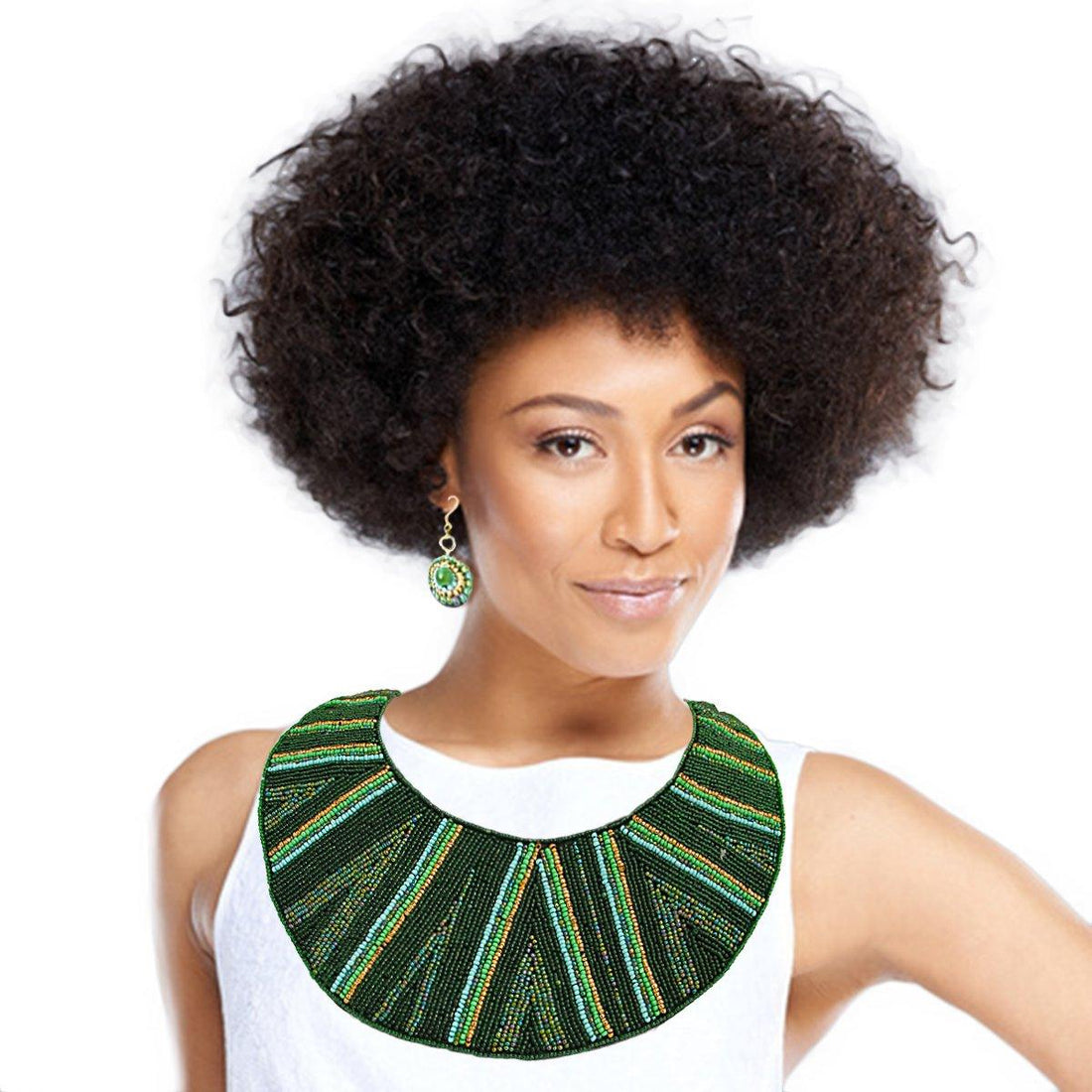 Green Striped Round Beaded Bib Necklace Set . Leather Neckline and Snap Closure