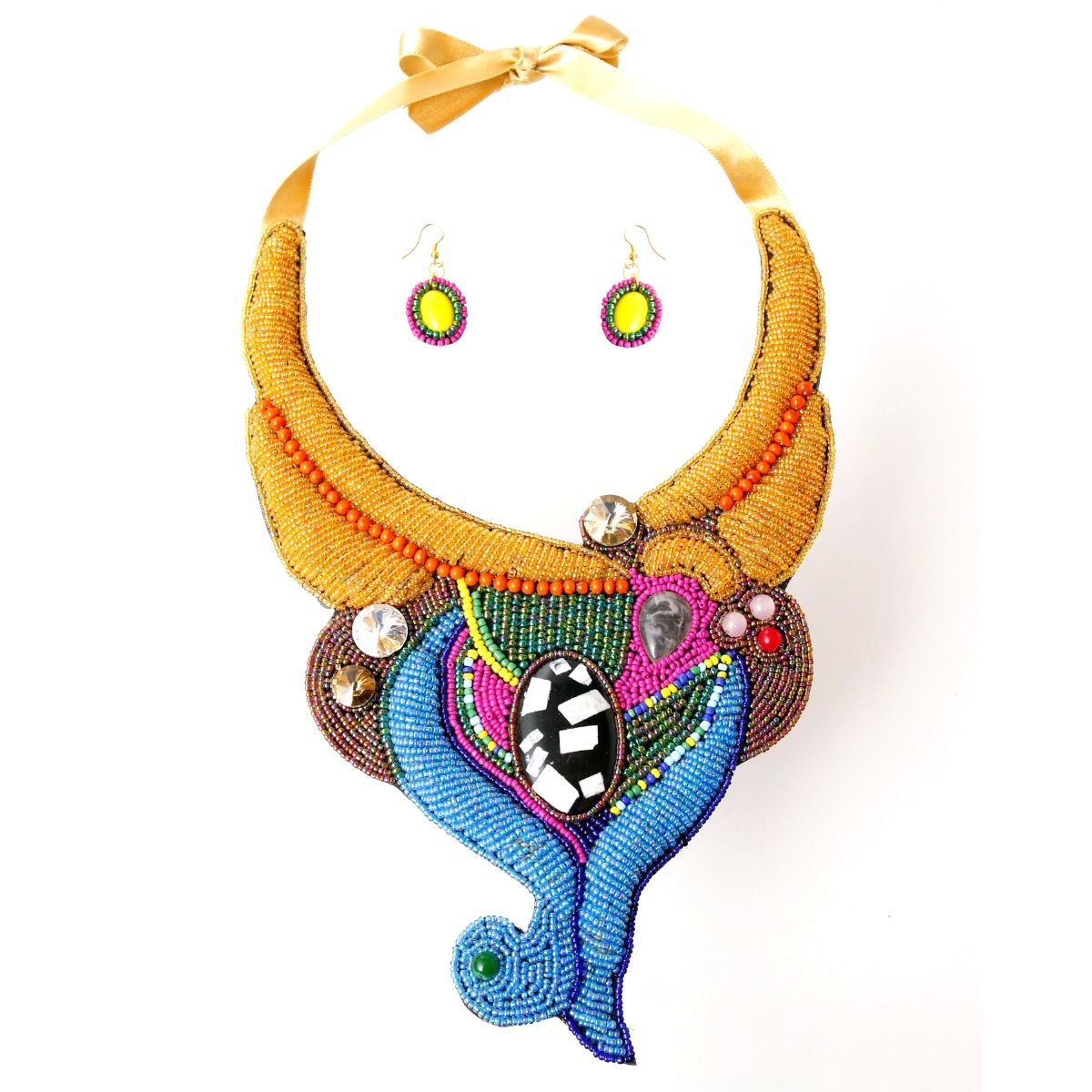 Multi Color Beaded Swirled Bib Necklace Set.Crystal and Rhinestone Detail