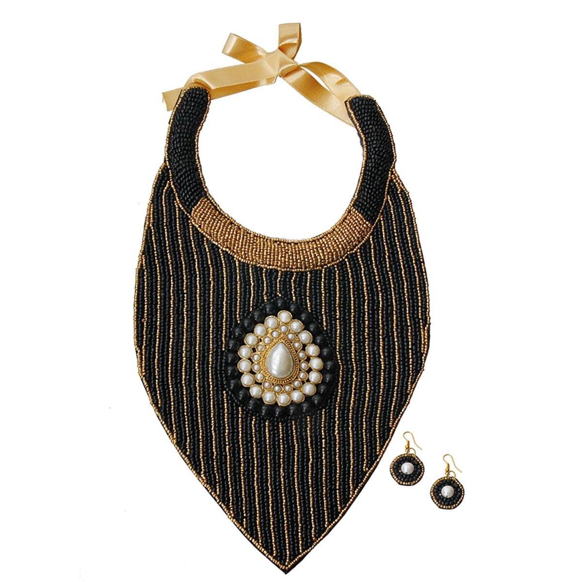 Black and Gold Bead with Pearl Center Bib Necklace Set
