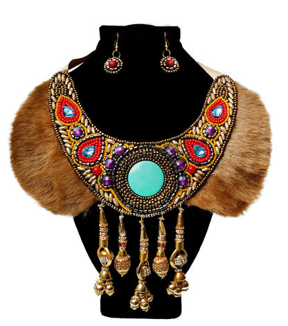 Multi Color Bead and Fur Collar Bib Necklace