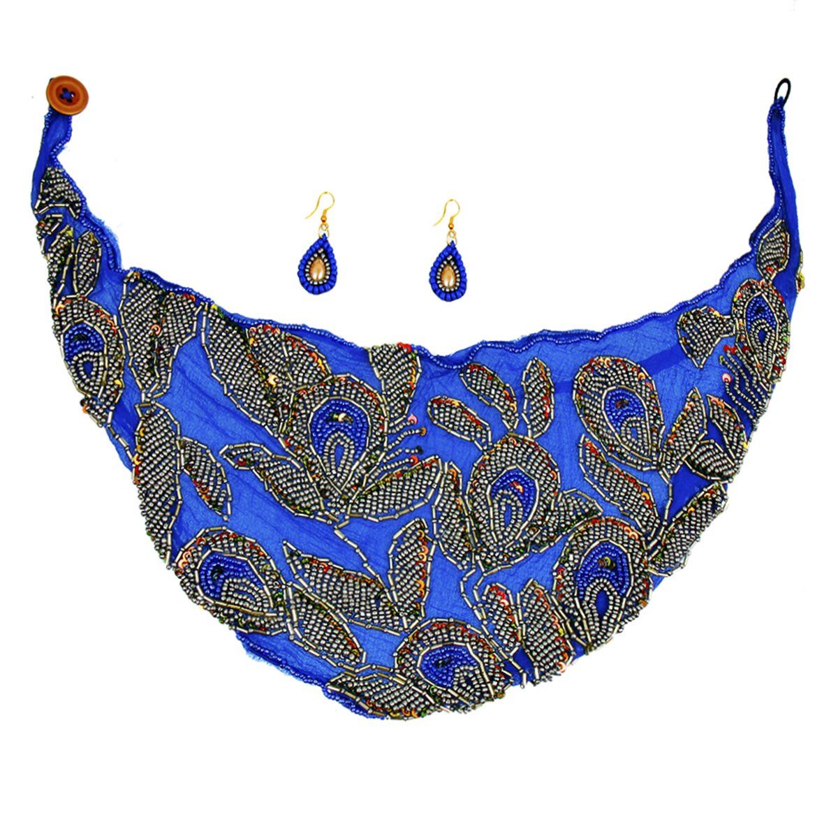 Handmade Blue Chiffon Scarf Necklace Set with Embroidered Beads and Sequins