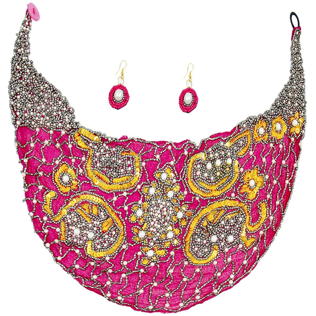 Handmade Fuchsia Chiffon Scarf Necklace Set . Embroidered Sequins Beads and Pearls